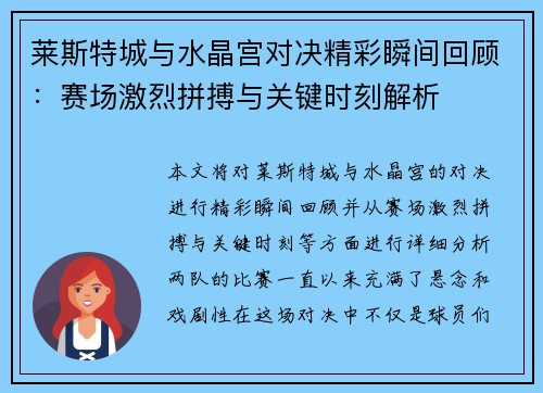 莱斯特城与水晶宫对决精彩瞬间回顾：赛场激烈拼搏与关键时刻解析