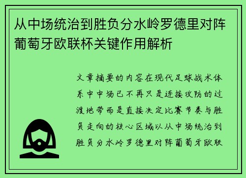 从中场统治到胜负分水岭罗德里对阵葡萄牙欧联杯关键作用解析